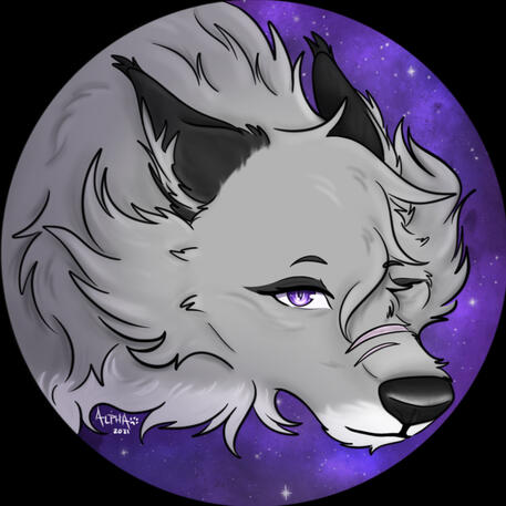 Headshot-Icon of artist's wolfsona with a purple night sky background.